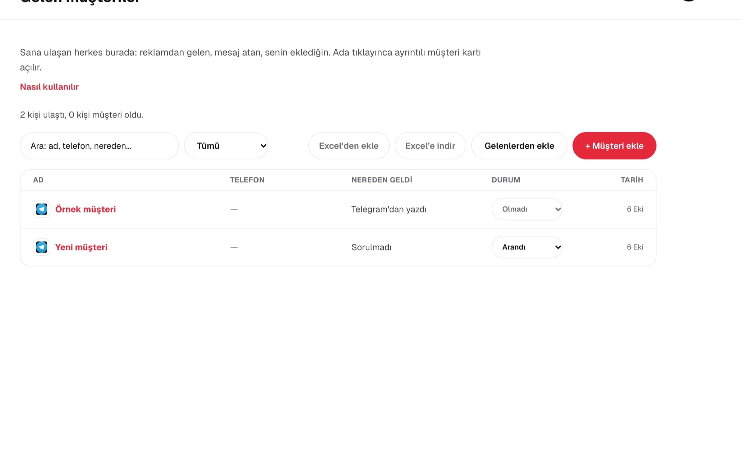 ReachHelm web panelinde müşteri takip ekranı