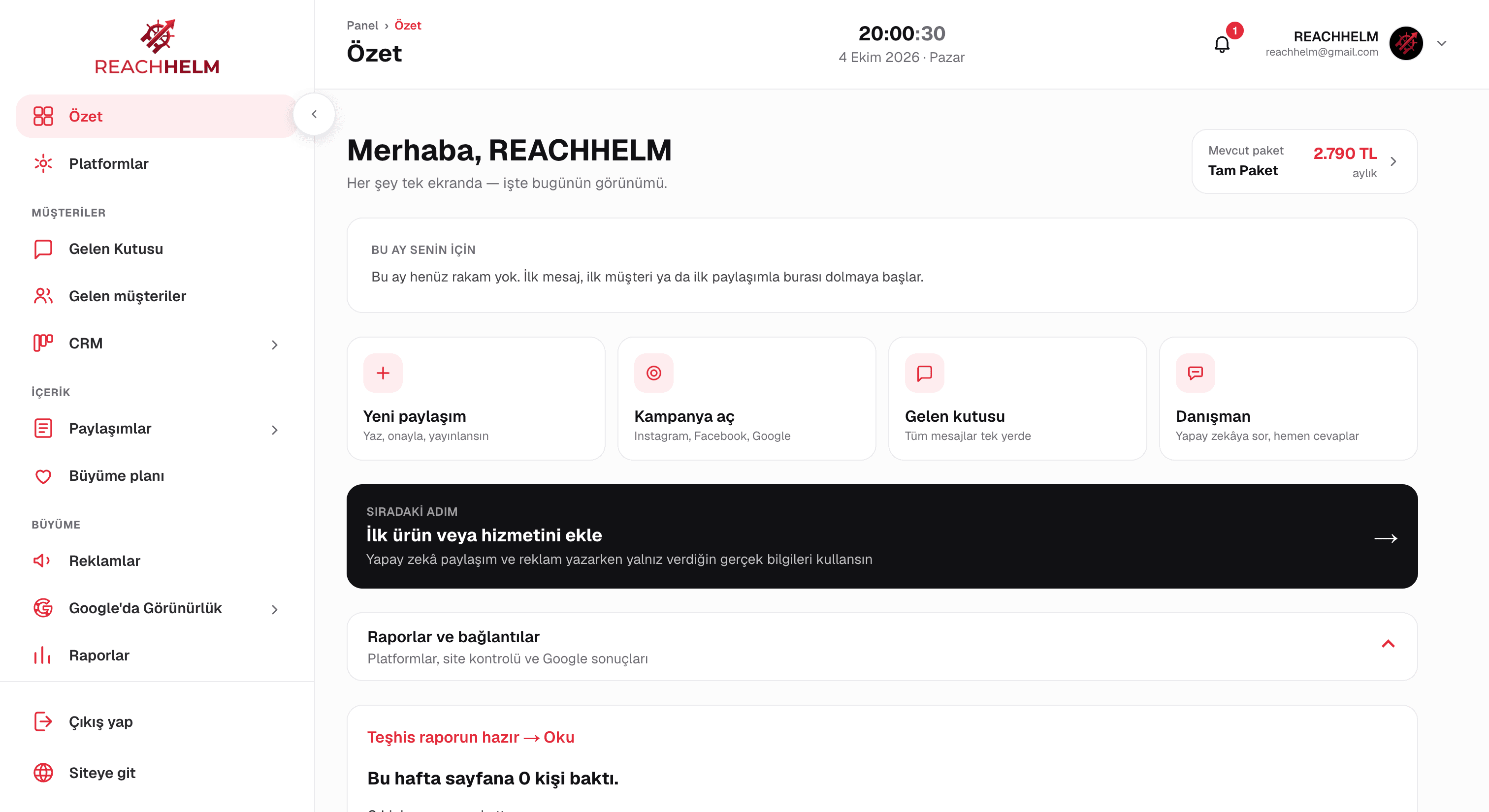 REACHHELM işletme paneli genel görünümü