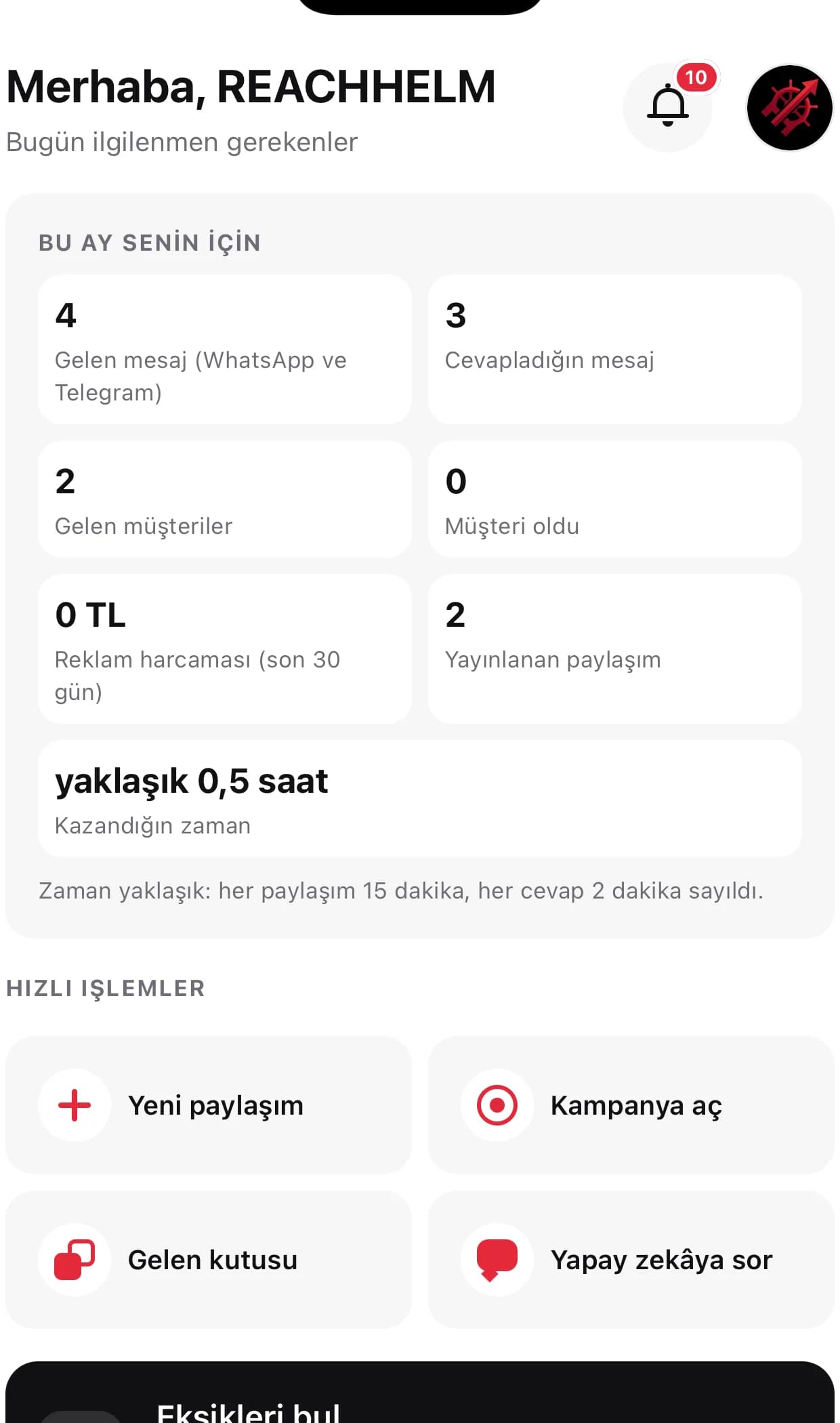ReachHelm mobil uygulamasında işletme özeti